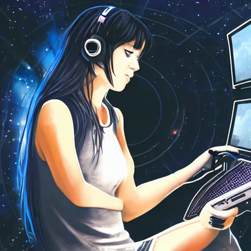 Image similar to really beautiful emo girl playing videogames in a space station in space, hyperdetailed