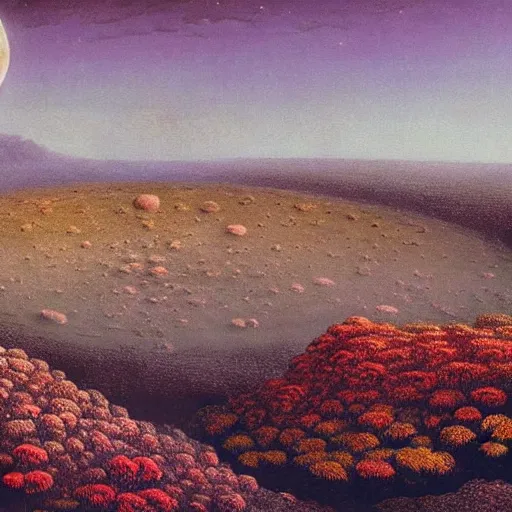 Prompt: a landscape on the moon with many craters, barren moon landscape, in a big crater at the center there is a beautiful flowering garden, 8 k, lowbrow in the style of martin johnson heade and daniel merriam and roger dean,