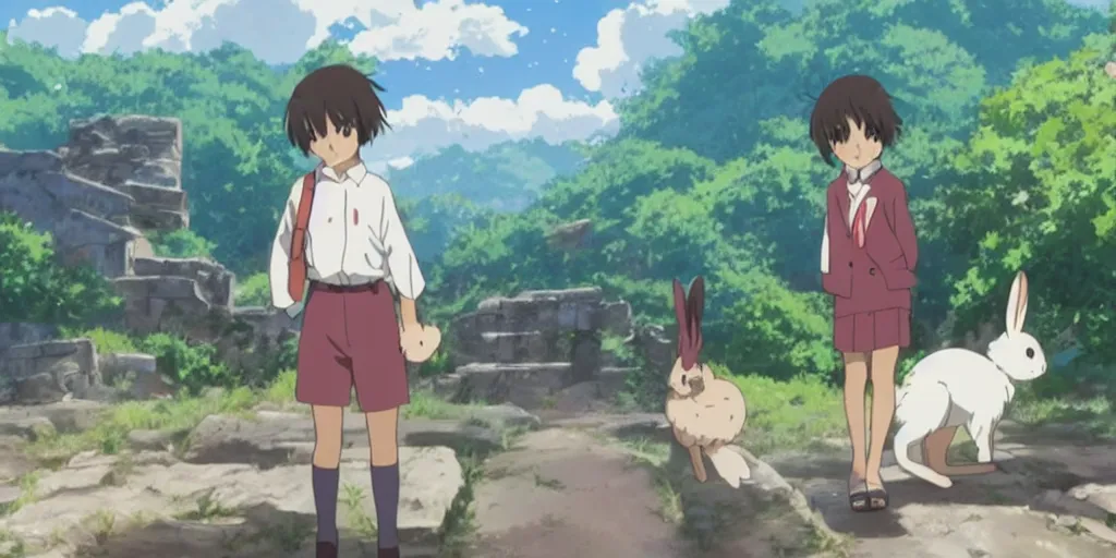 Prompt: a rabbit in the movie your name, screenshot