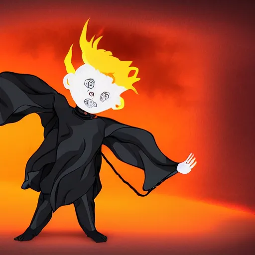 Prompt: Demon boy with upturned electrified hair, mazoku, yokai, VFX, digital art, vantablack cloak