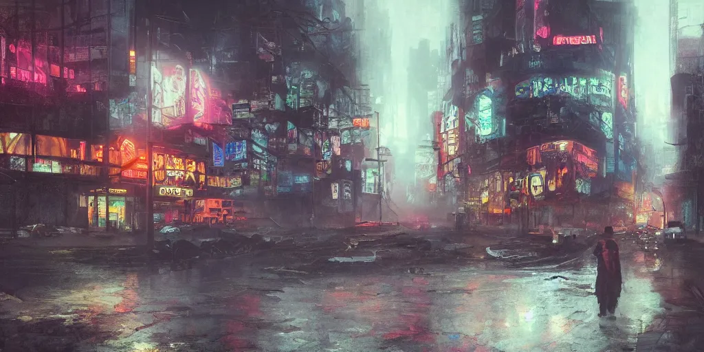 Image similar to a guatemalan solitary cyberpunk city, abandoned with neon ads and signs with evocative dramatic mood, fog, by jeremy mann and alphonse mucha, fantasy art, photo realistic, sunshaft, bloom, imax, dynamic lighting, artstation, poster, volumetric lighting, very detailed faces, 4 k, award winning