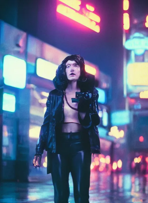 Image similar to A hyper realistic and detailed head portrait photography of a Rachael of Blade Runner on a futuristic street. by David Dubnitskiy. Neo noir style. Cinematic. neon lights glow in the background. Cinestill 800T film. Lens flare. Helios 44m