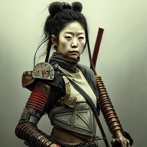 Prompt: portrait painting of a post - apocalyptic japanese lady wearing rusty samurai armor and traditional warpaint, ultra realistic, concept art, intricate details, eerie, highly detailed, photorealistic, octane render, 8 k, unreal engine. art by artgerm and greg rutkowski and charlie bowater and magali villeneuve and alphonse mucha