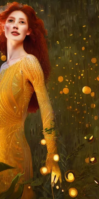 Image similar to young woman, serene smile, surrounded by golden firefly lights, full covering intricate detailed dress, amidst nature, long red hair, precise linework, accurate green eyes, small nose with freckles, beautiful smooth oval shape face, empathic, expressive emotions, dramatic lights, hyper realistic ultrafine art by artemisia gentileschi, jessica rossier, boris vallejo