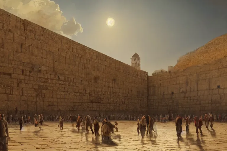 Image similar to the western wall, matte painting, long shot, concept art, wide shot, digital art, trending on artstation, 4 k, extremely detailed, realistic, midday, warm colors, golden sunlight, by greg rutkowski, cinematic, epic