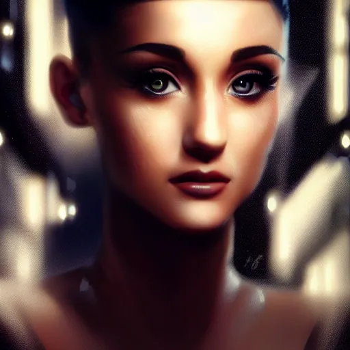 Prompt: portrait of a bladerunner art deco ariana grande with a grid of light falling on her face, sci-fi, intricate lighting, elegant noir, highly detailed, full-body-shot, digital painting, studio portrait, artstation, smooth, sharp focus, illustration, art by artgerm and greg rutkowski and Charlie Bowater