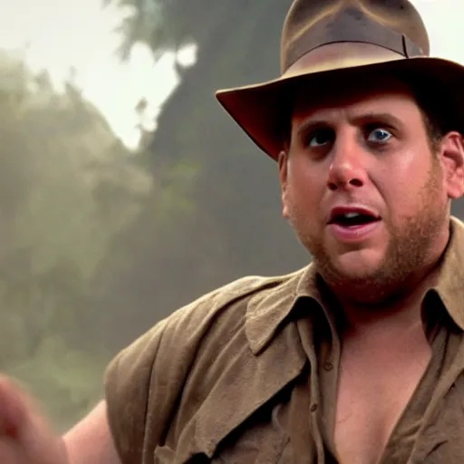 Prompt: Jonah Hill as indiana jones in raiders of the lost ark, 8k resolution, full HD, cinematic lighting, award winning, anatomically correct