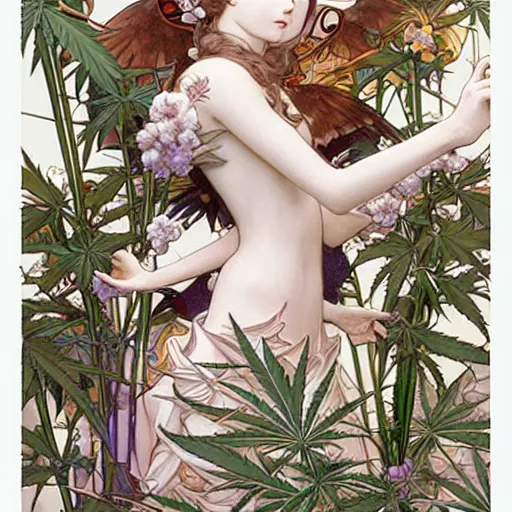 Image similar to hyper realistic, two beautiful and proud pigeon birds, majestic art-nouveau dank cannabis trees, by Range Murata and Mucha