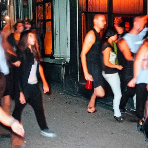 Image similar to Street photography, a group of people leaving a seedy nightclub at 3am, someone is smoking, someone is shouting