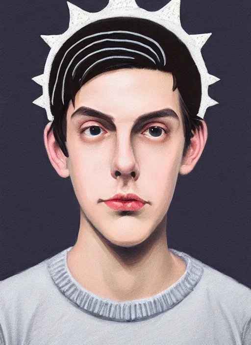 Image similar to portrait of teenage jughead jones wearing a light grey crown, symmetrical crown, sweater with letter s on it, hamburger, eyes closed, crown, black hair, intricate, elegant, glowing lights, highly detailed, digital painting, artstation, concept art, smooth, sharp focus, illustration, art by wlop, mars ravelo and greg rutkowski