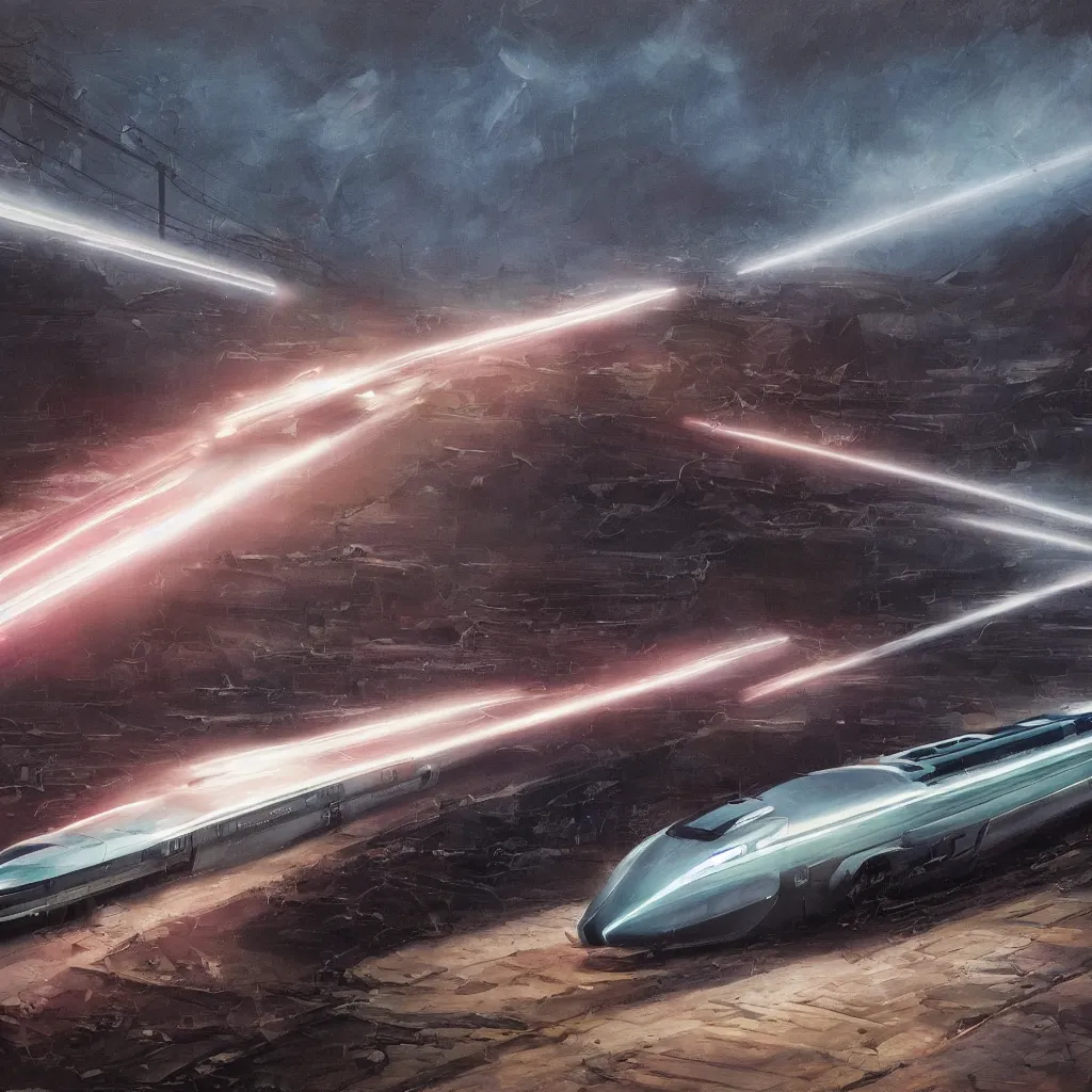 Prompt: highly detailed painting of powerful futuristic streamline train speeding very fast. romanticism. extreme speed with headlight beam shining brightly into the fog and rain. dramatic lighting. motion streaks.. vanishing point. photorealistic.