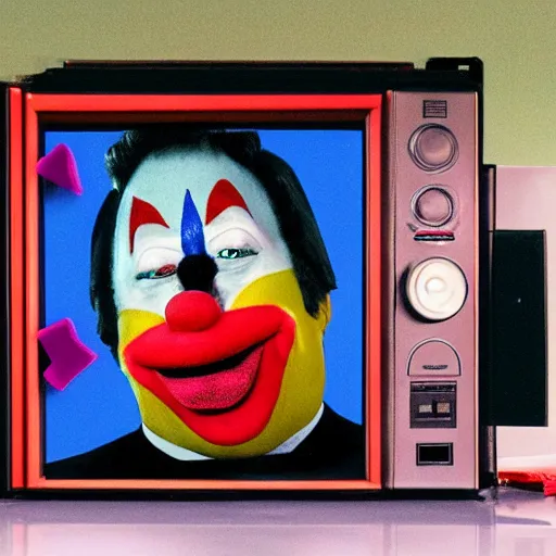 Image similar to photo of an 8 0's television with a president that has a clown face giving a speech