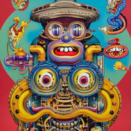 Image similar to beautiful painting of anthropomorphic steam railway engine monster truck snake oil salesman cowboy caveman hydra, neo - andean architecture art by takashi murakami, art by lisa frank, art by jacek yerka, art by victor moscoso. lifelike mechanical eyes. locomotive snake. trending on artstation, hyperrealism, 1 0 k