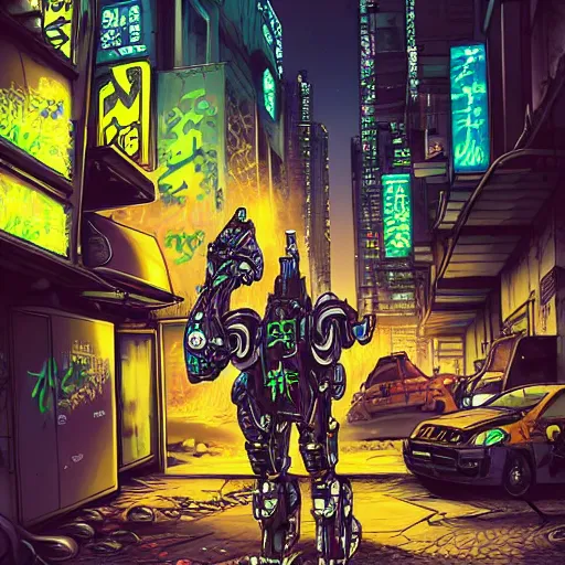 Image similar to hyper-detailed, intricate, full colour anime illustration of a mecha dinosaur standing at a ghetto street corner with graffiti in the background, night, city, dark, cyberpunk