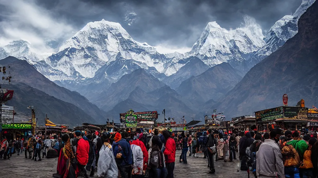 Image similar to Moody picture of the Annapurna mountain range, with a Burger King and crowds of people visible, landscape photography