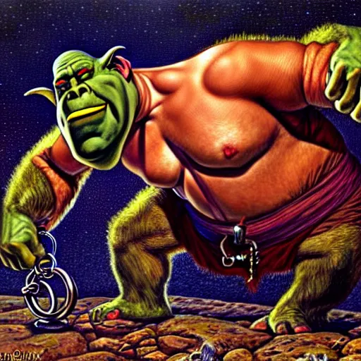 Image similar to Fantasy illustration by Clyde Caldwell The ogre snores in its sleep, its head bobbing from side to side. You reach down to the belt at its waist and feel for the ring of keys hanging from it.