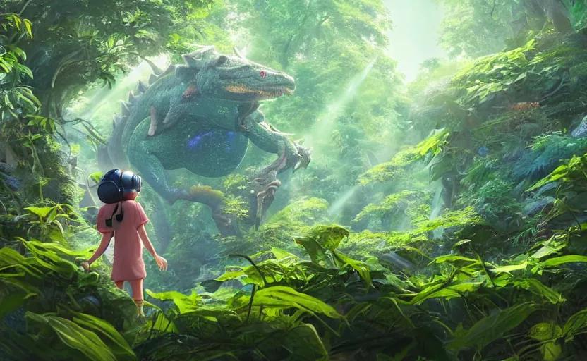 Image similar to a still of a cute adorable tiny astronaut, on a planet of lush foliage, with an enormous kaiju dragon surrounding, magical forest, sharp focus, neon backlit, highly detailed, disney pixar studio ghibli makoto shinkai, digital painting, matte, octane render, global illumination, iridescent, anime, 8 k concept art