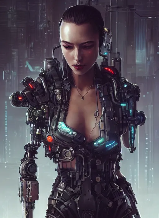 Image similar to Cyberpunk female character with Robotic arms, cyberpunk, sci-fi, intricate, elegant, highly detailed, digital painting, artstation, concept art, smooth, sharp focus, illustration, art by artgerm and greg rutkowski