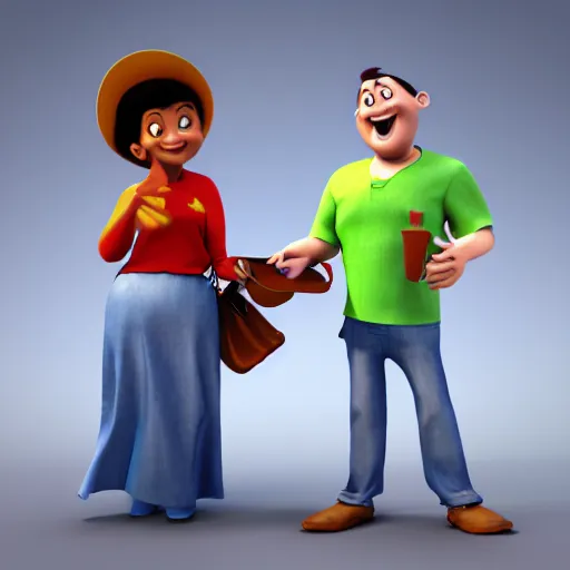 Image similar to illustration of two happy people exchanging items, pixar - style, 3 d render