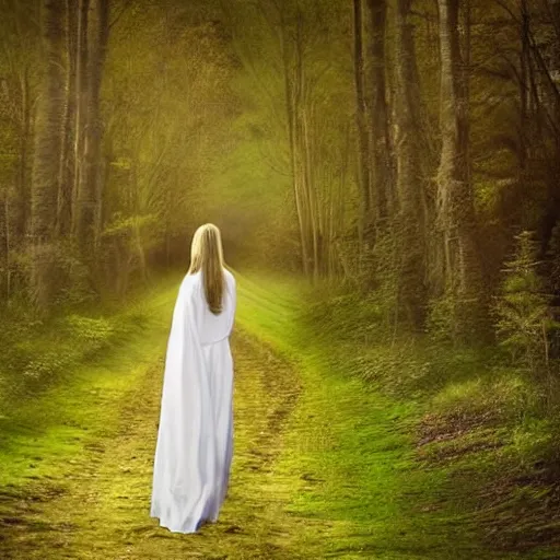 Image similar to The radiant lady Galadriel walking in a beautiful field in a forest, mountains in the distance, medium shot, confident, gorgeous, stunning, detailed, very realistic