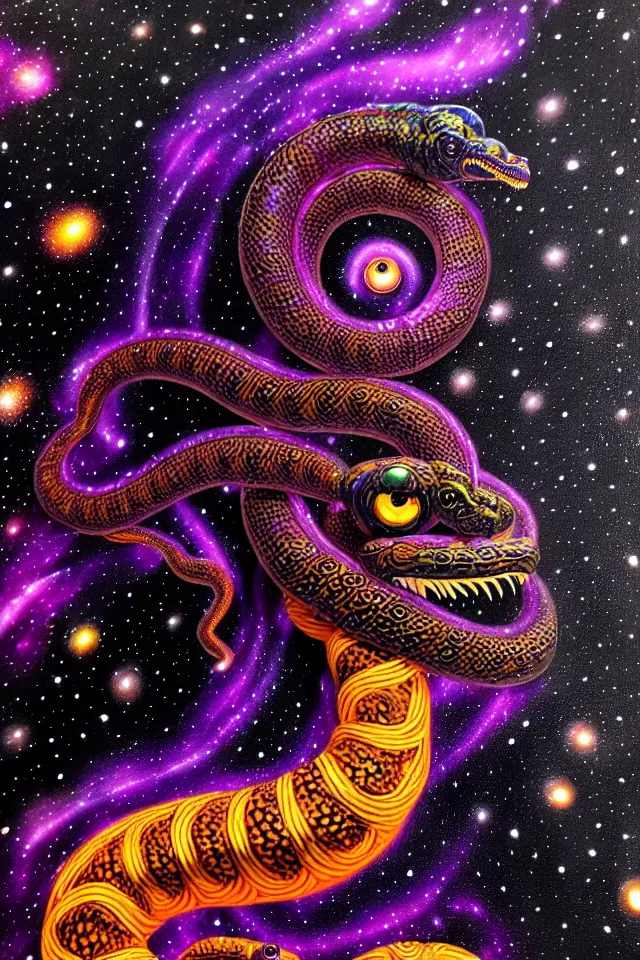 Image similar to a close up portrait of a purple ornate serpent spirit head statue, orange eyes, black paper, galaxy, nebula, billions of details, beautiful intricate painting by kokaris