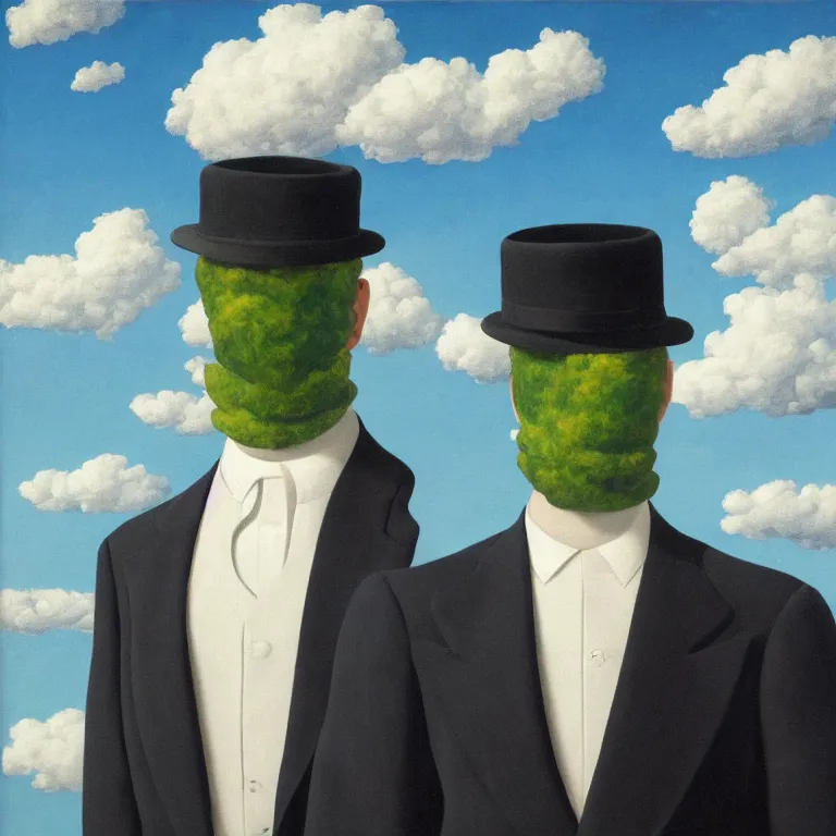 Prompt: portrait of a faceless chrome - head man in a suit and black gloves, clouds and nature landscape in the background, by rene magritte, detailed painting, distance, centered, hd, hq, high resolution, high detail, 4 k, 8 k