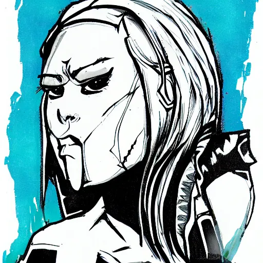 Image similar to character portrait, rogue, penned in cyan ink