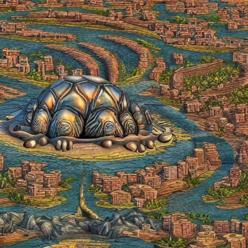 Image similar to Large Fantasy City perched atop a Giant tortoise stomping through the hot sunny desert, High detail, Dungeons and Dragons, Focus on giant tortoise, 4k