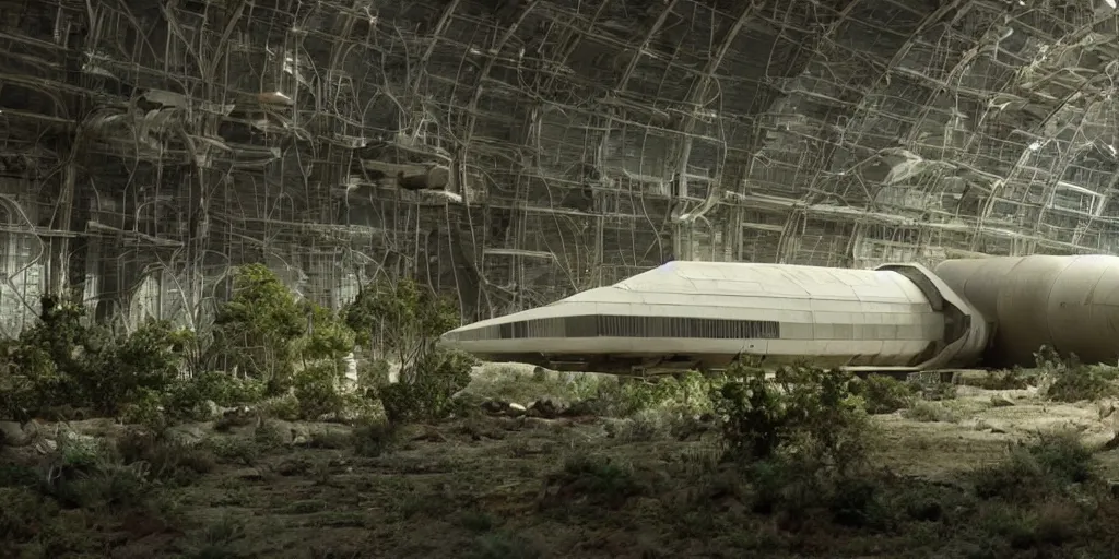 Prompt: film still of a space freighter in a hangar, desolate mining planet, aerodynamic parked space ship, ridley scott, overgrown with dusty plants, beige light, screenshot from a 1 9 8 0 s sci - fi film,