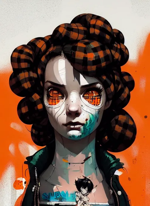 Image similar to highly detailed portrait of a sewer punk lady, tartan hoody, ringlet hair by atey ghailan, by greg rutkowski, by greg tocchini, by james gilleard, by joe fenton, by kaethe butcher, gradient orange, black, cream and white color scheme, grunge aesthetic!!! ( ( graffiti tag wall background ) )