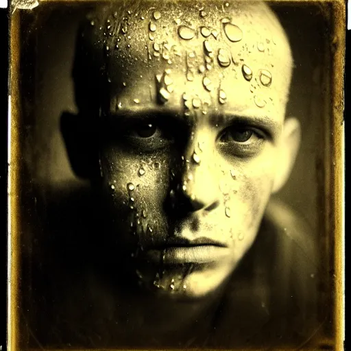 Image similar to A wet-collodion portrait of a man who comes back from a horrific war, he stares into the distance as his eyes show glimmers of hope, depth of field, 50mm lens, studio lighting, high contrast