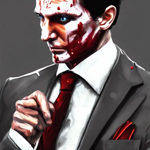 Prompt: Patrick Bateman, portrait of an agent in a blood smeared suit armed with a Glock 17 pistol, D&D, fantasy, elegant, badass, highly detailed, muscular, digital painting, artstation, concept art, sharp focus, illustration