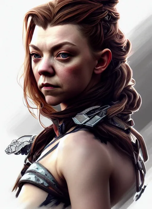 Image similar to asymmetrical portrait of natalie dormer, machine face, intricate, elegant, highly detailed, digital painting, artstation, concept art, smooth, sharp focus, illustration, art by artgerm and greg rutkowski and alphonse mucha, horizon zero dawn 8 k, tim burton