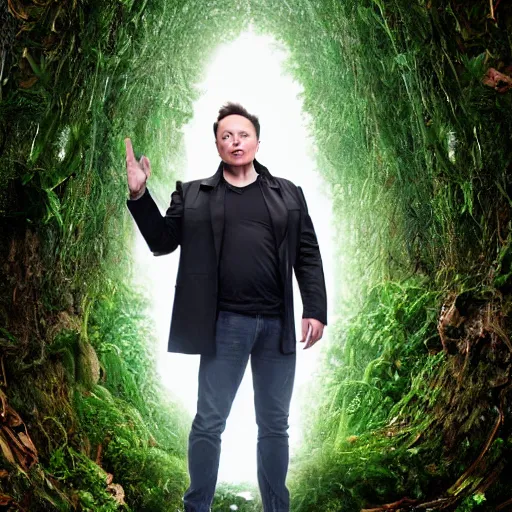 Image similar to elon musk as an elephant, rainforest, tesla, rain, thunder, trees, foliage