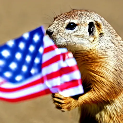 Prompt: prairie dog holding an american flag