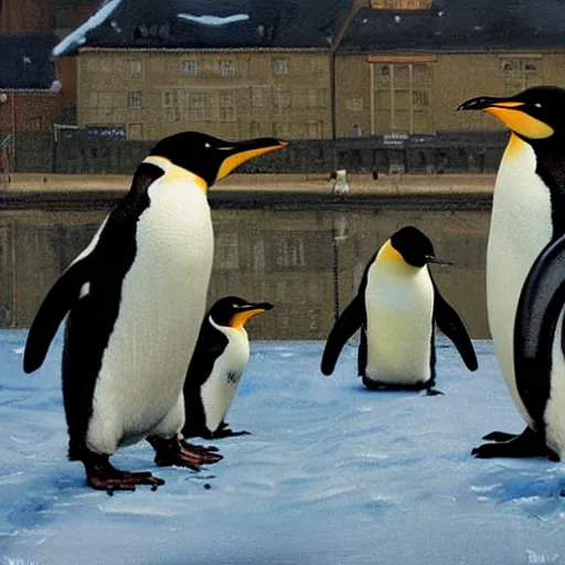 Prompt: penguins in copenhagen, epic rim lighting, digital art oil painting by norman rockwell trending on artstation