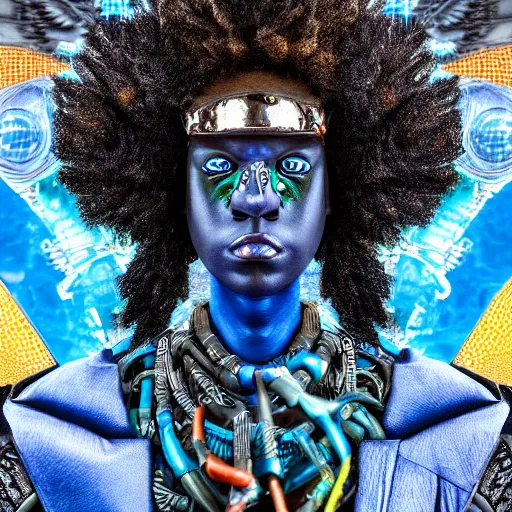 Prompt: a realistic portrait of the african god of the war and technology ogun with cyberpunk and afrofuturist weapons wearing blue, highly detailed, afrofuturist, cyberpunk, photorealistic.