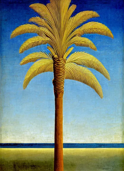 Image similar to realistic and geometrically precise painting of a palm tree painted by piero della francesca, high quality, no blur, 4 k