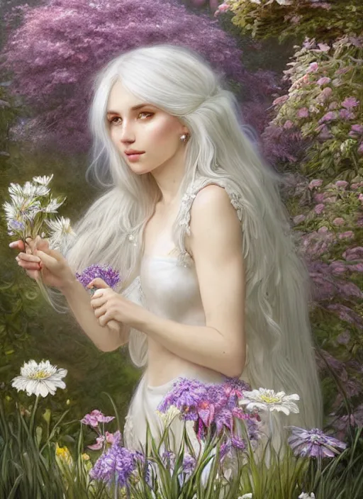 Image similar to highly detailed ilustration of a beautiful white haired woman as a fairy princess in a garden holding a bunch of wild flowers, deep focus, d & d, fantasy, intricate, elegant, highly detailed, digital painting, artstation, concept art, matte, sharp focus, illustration, hearthstone, art by artgerm and greg rutkowski and alphonse mucha