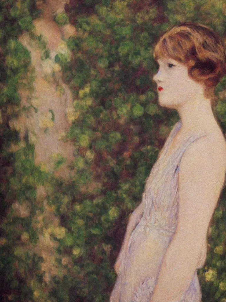 Image similar to portrait of < zelda fitzgerald > as a beautiful young lady wearing 1 9 2 0 s fashion, blurry face, brown hair, slim, fair, severe out of focus, depth of field, pleinairism, in the sun, backlit, closeup, oil on canvas, atr by monet, in the style of le promenade, smooth, impressionnisme, 8 k