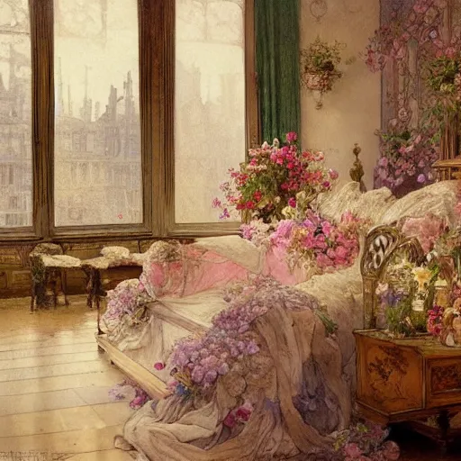 Prompt: a beautifull intricate watercolour painting of a victorian bedroom with many flowers, reflexions, verry high details by william turner art, greg rutkowski and alphonse mucha, trending on artstation, very very detailed, masterpiece,