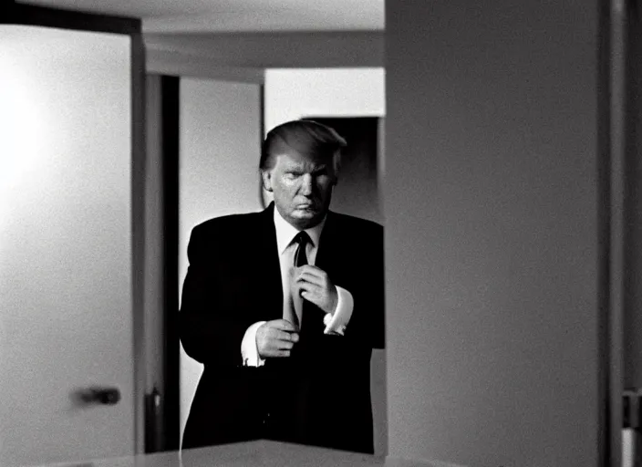 Prompt: screenshot cinematic wide shot from moody scene of Donald Trump pensive in trump tower apartment, from the film High and Low, 1963 directed by Akira Kurosawa, kodak film stock, black and white, anamorphic lens, 4K, detailed, stunning cinematography and composition shot by Takao Saito, 70mm