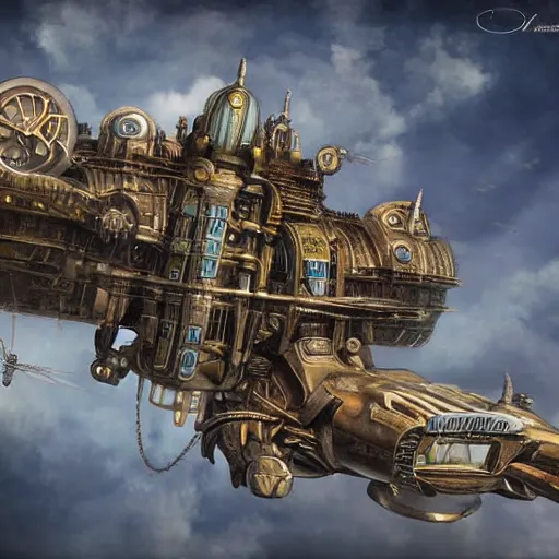 Prompt: flying city in a steel lotus, sky, steampunk!!!, fantasy art, steampunk, masterpiece, octane