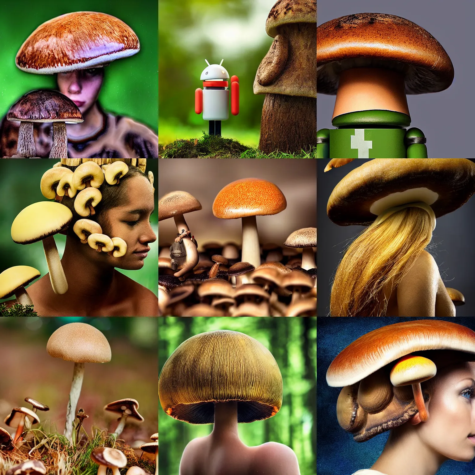 Prompt: android with mushrooms for hair, digital photograph, portrait, national geographic, award winning, depth of field, lens corrected