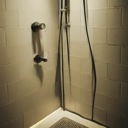 Image similar to a Polaroid photo of a shower that has a water pump and heater connected to it so the water flows from the drain back in to the shower head, beams of light, nostalgic