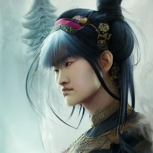 Image similar to A portrait of An beautiful!!! ancient Chinese female swordsman by Ross Tran!!! and Zhang Daqian!! and greg rutkowski! and Zdzisław Beksiński! and Ruoxin Zhang!!!,In style of digital art illustration.Symmetry.Highly detailed face.Fantasy,smooth,hyper detailed,sharp focus,Soft light.trending on artstation.