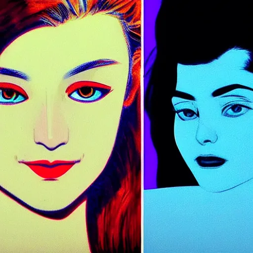 Image similar to tv actress with warm eyes, slim features, hallucinating happily. box office hit, nineties italian romcom. unreal engine, intricate, ultra detailed 8 k, ambient reflective occlusion, extremely beautiful and aesthetic shape of face, eyes, neck, and smile. art by hiroaki samura and ilya kuvshinov and monet and andy warhol, inverted