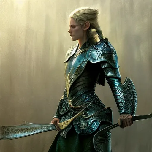 Prompt: standing elf with armor of rivendel and a curve long sword in full body and detailed face, epic masterpiece of cinematographic hyperrealism, realistic shaded lighting poster by craig mallismo, artgerm, jeremy lipkin and michael garmash, unreal engine, radiant light, detailed and intricate environment, digital art, art station trends