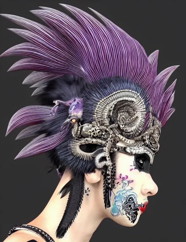 Image similar to 3 d goddess close - up profile portrait punk with mohawk with ram skull. beautiful intricately detailed japanese crow kitsune mask and clasical japanese kimono. betta fish, jellyfish phoenix, bio luminescent, plasma, ice, water, wind, creature