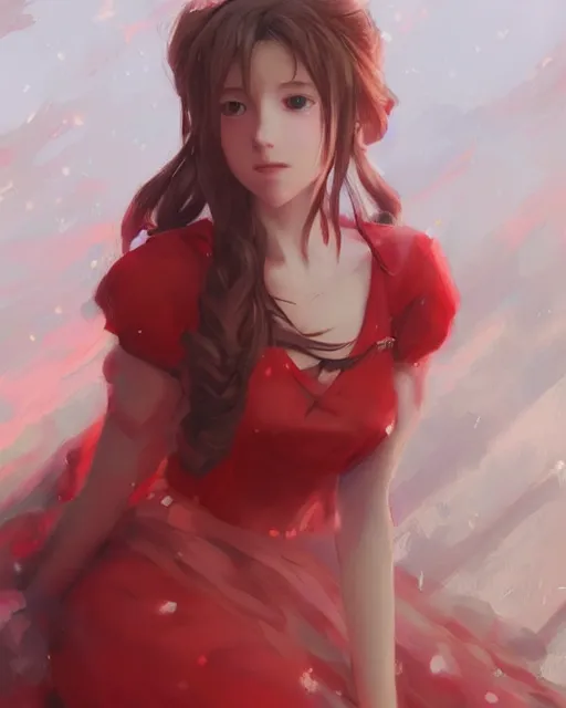 Image similar to aerith gainsborough in red cottagecore dress, portrait, illustration, rim light, top light, perfectly shaded, winter, slight overcast lighting, soft painting, art by krenz cushart and wenjun lin